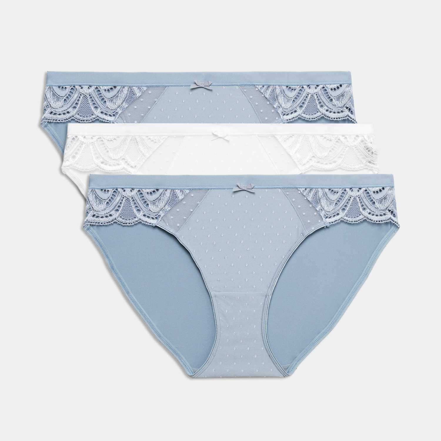 M&S Women's 3pk Amelia Lace Bikini Knickers - 12 - Light Steel Blue