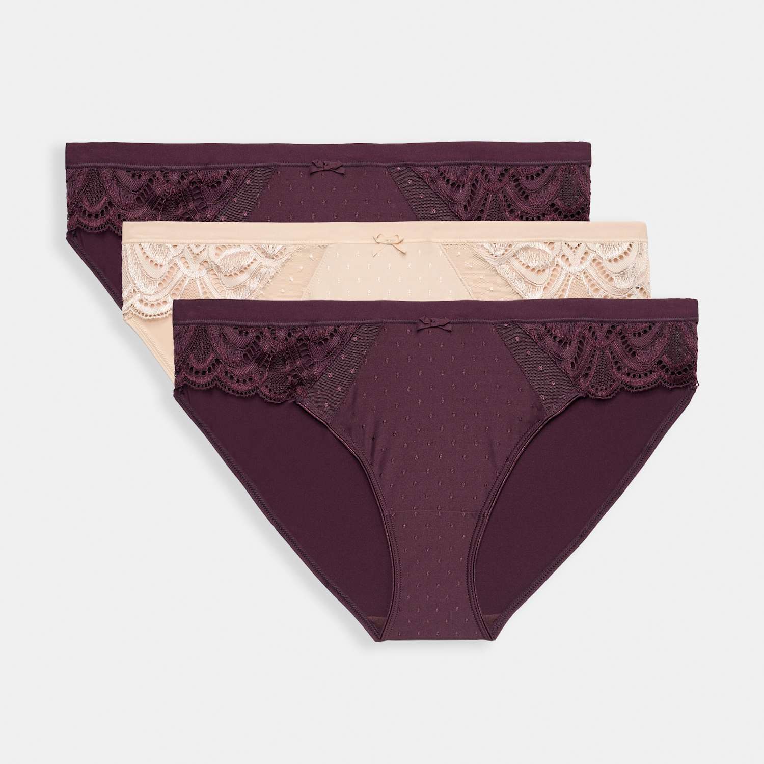M&S Women's 3pk Amelia Lace Bikini Knickers - 12 - Dark Aubergine
