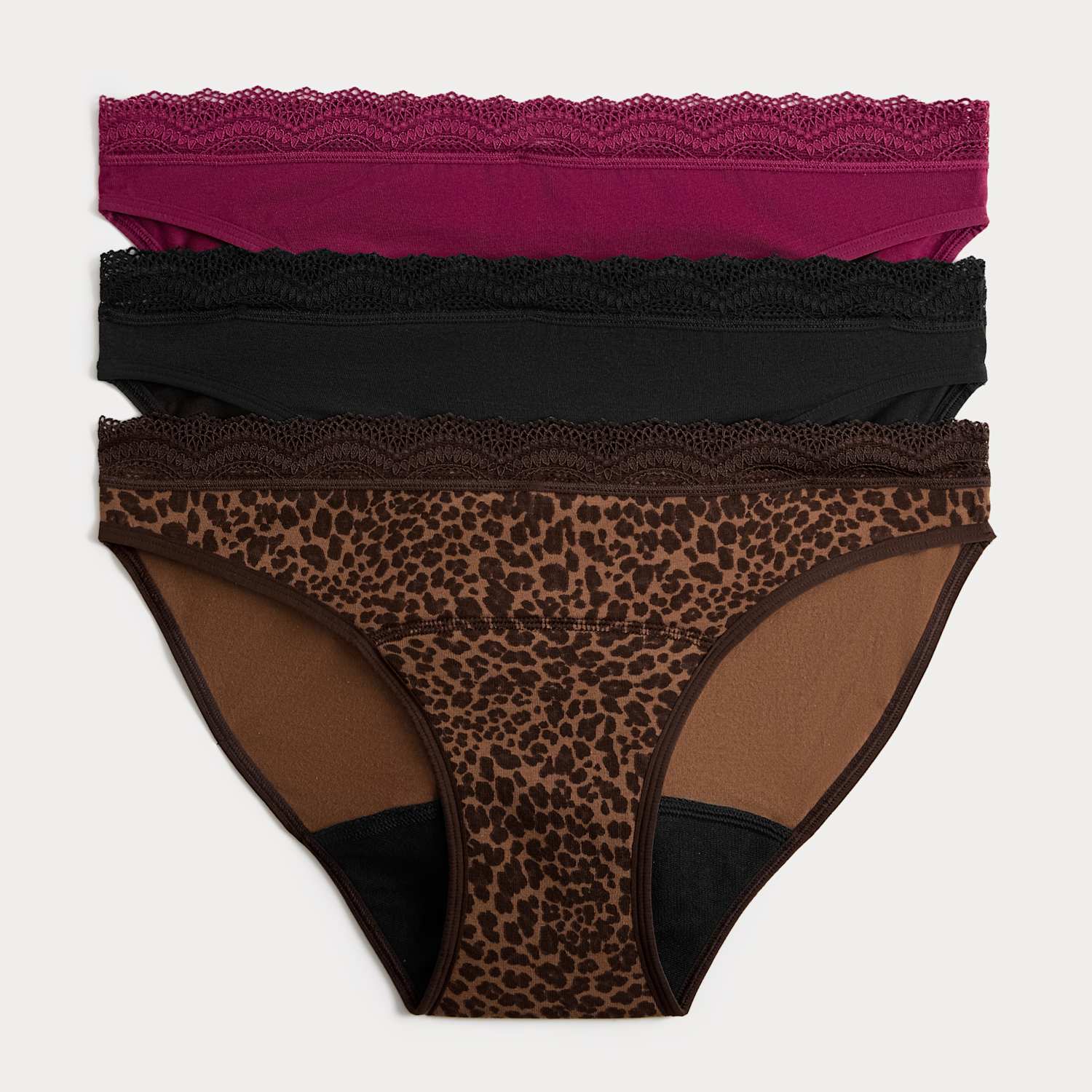 M&S Women's 3 Pack Cotton Rich Period Bikini Knickers - 6 - Brown Mix