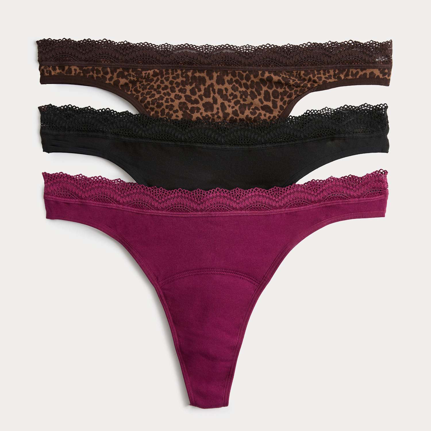 M&S Women's 3 Pack LightAbsorbency Period Thongs - 16 - Brown Mix