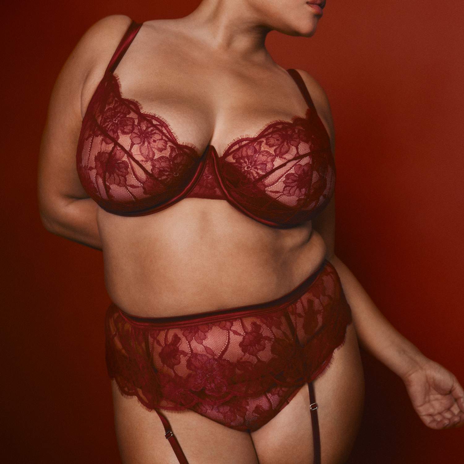 M&S X Coco De Mer Women's Belle Lace Suspender - 10 - Dark Crimson