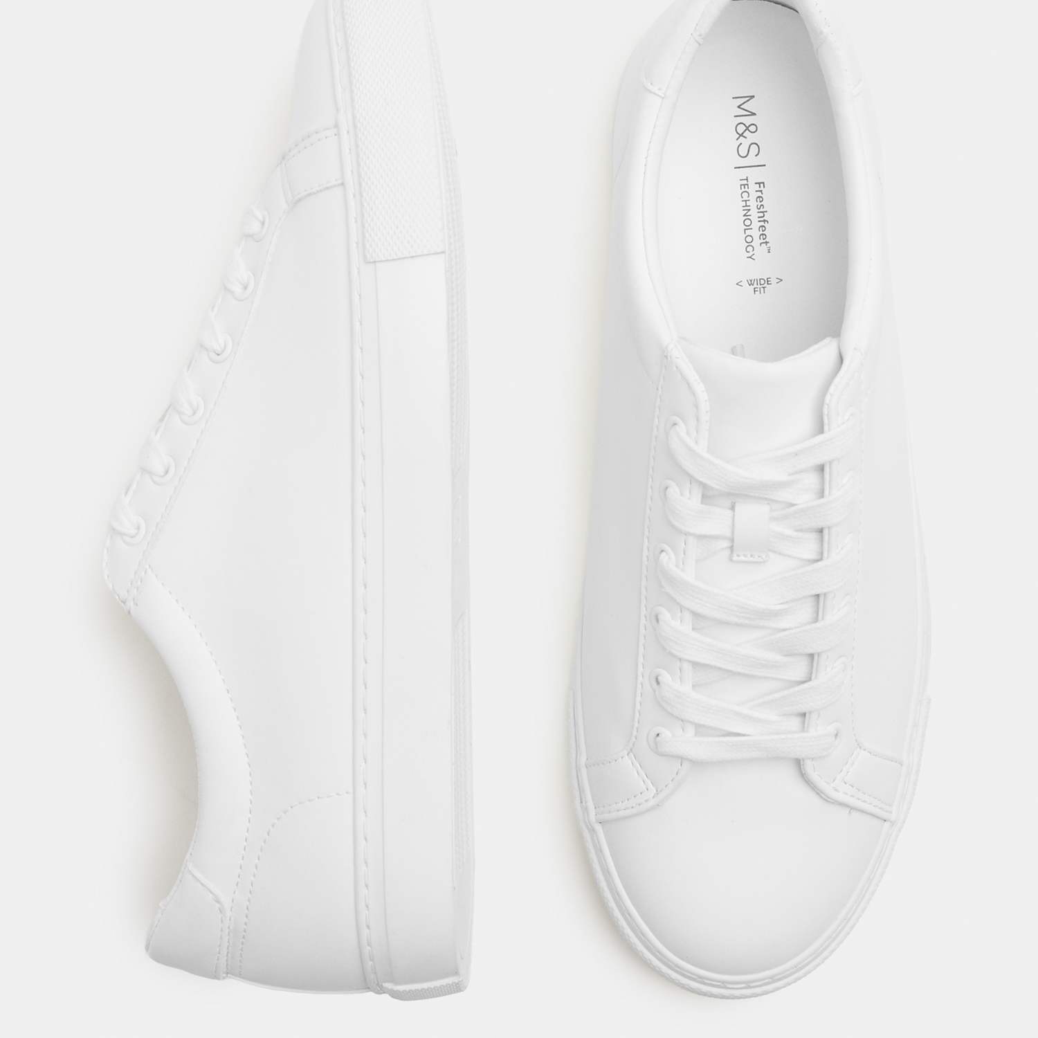 M&S Men's Wide Fit Lace Up Trainers - 8 - White
