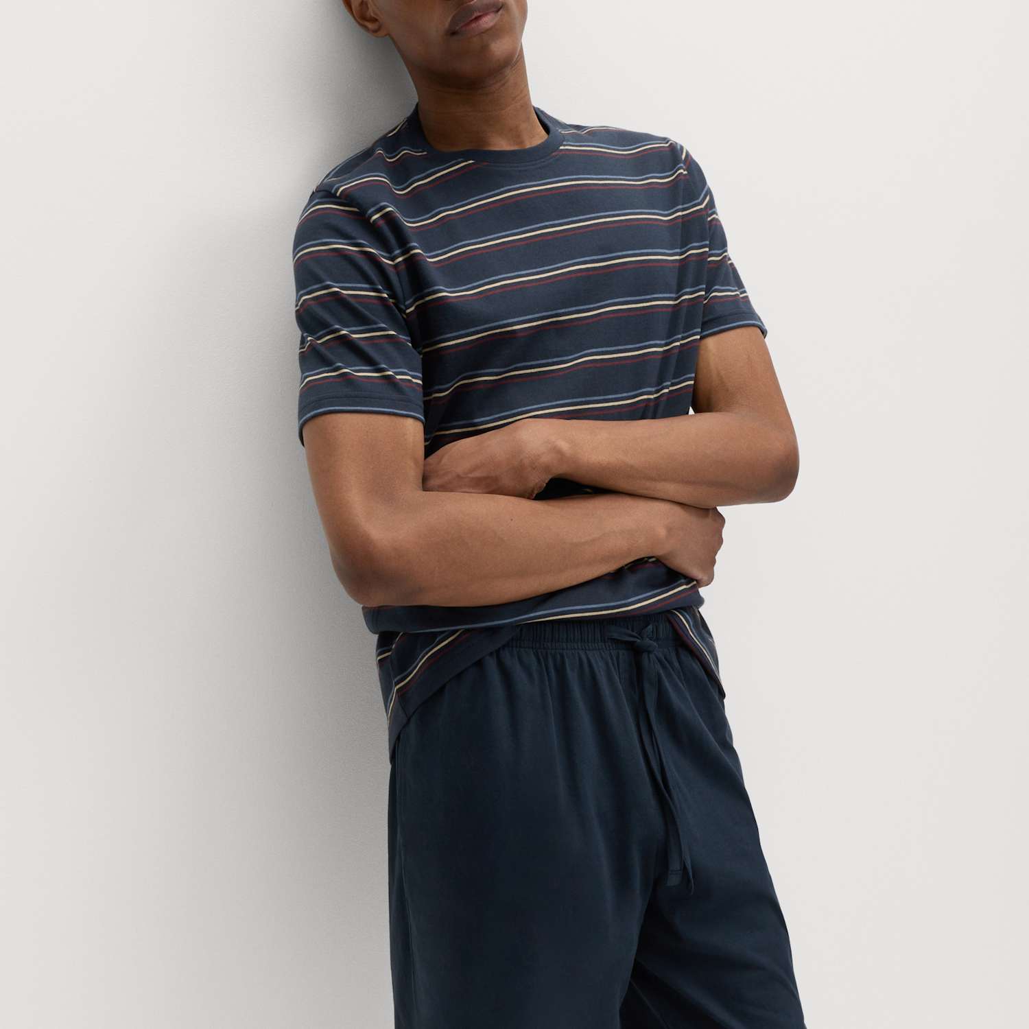 M&S Men's Pure Cotton Rainbow Stripe Pyjama Set - M - Navy Mix