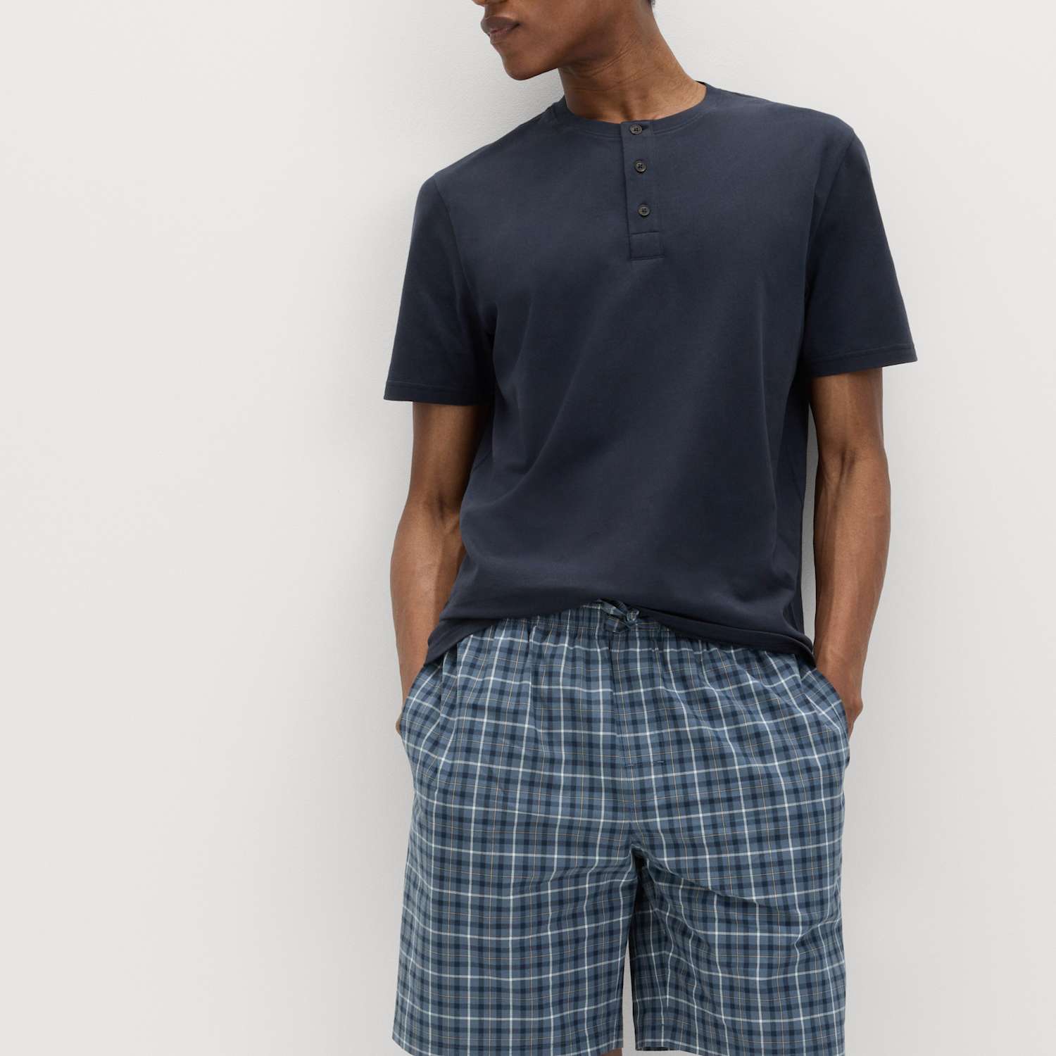 M&S Men's Pure Cotton Henley Checked Pyjama Set - XL - Navy Mix