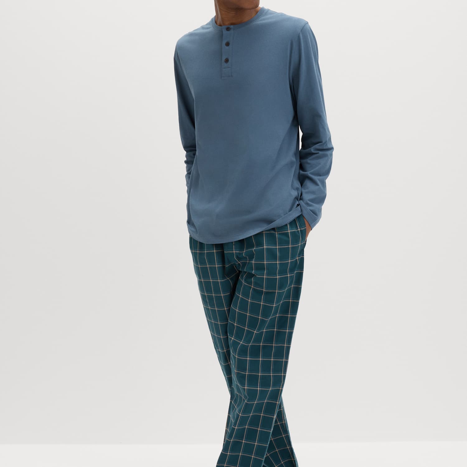 M&S Men's Pure Cotton Henley Checked Pyjama Set - 2XL - Blue Mix