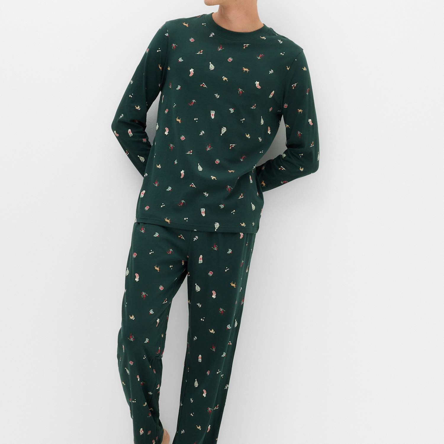 M&S Men's Pure Cotton Printed Christmas Family Pyjamas - XL - Green Mix
