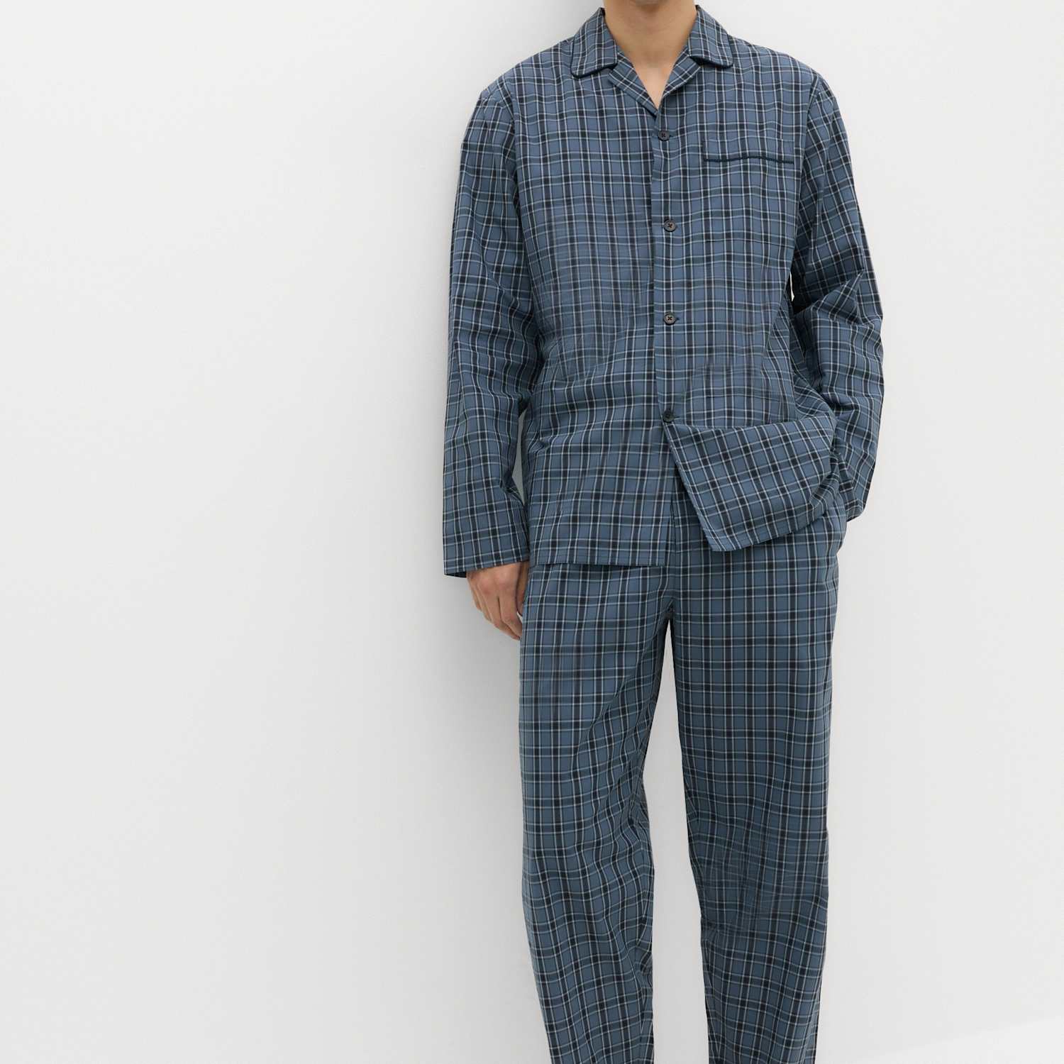 M&S Men's Pure Cotton Checked Pyjama Set - M - Blue Mix