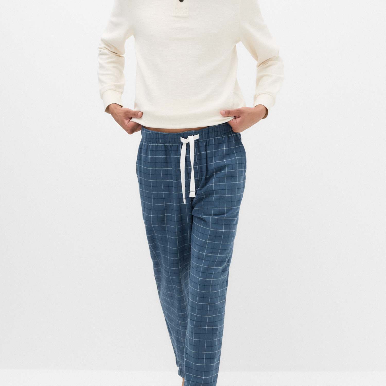 M&S Men's Pure Cotton Checked Pyjama Bottoms - S - Blue Mix
