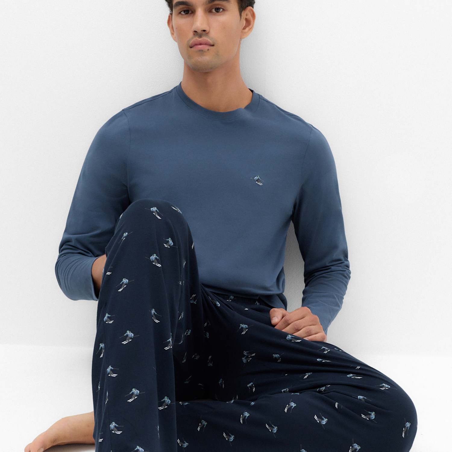 M&S Men's Pure Cotton Ski Print Pyjama Set - M - Navy Mix