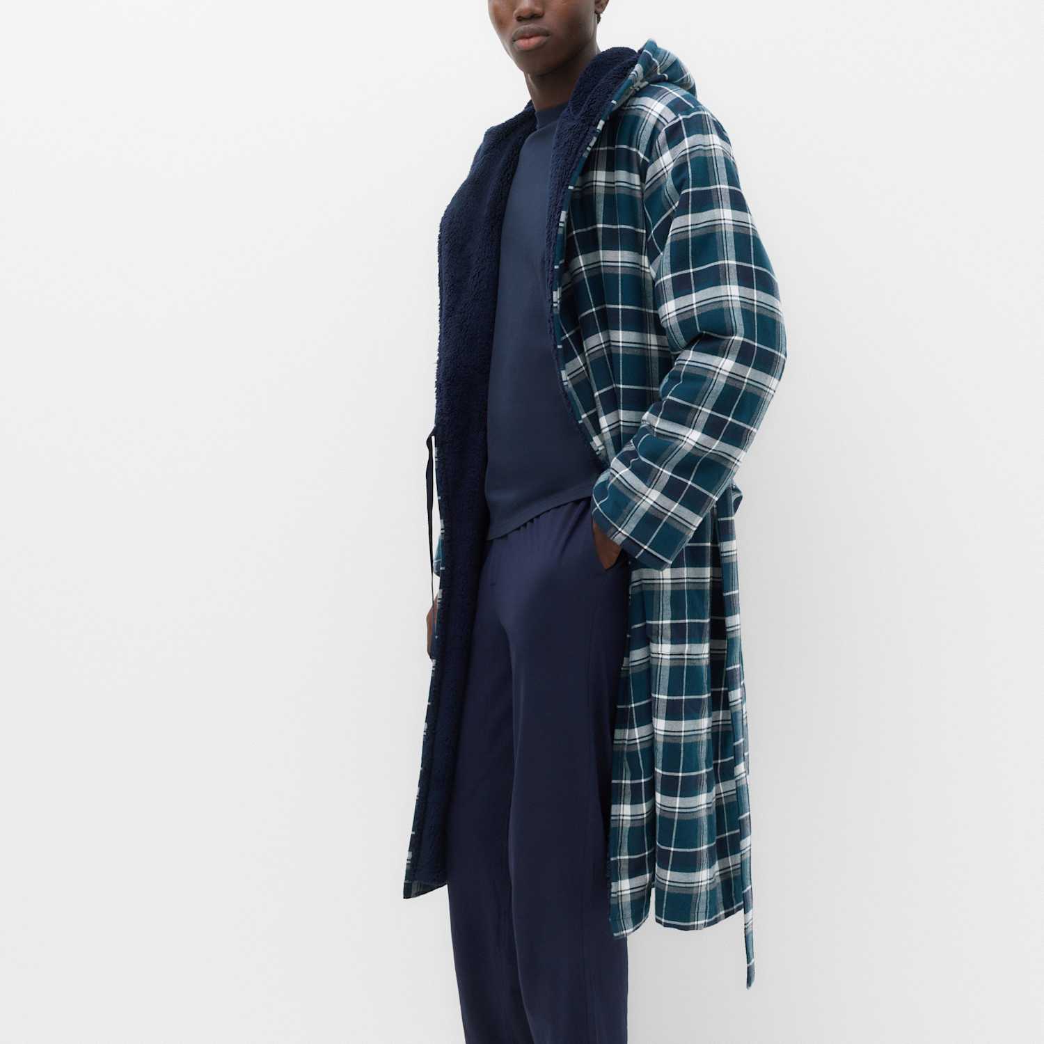 M&S Men's Pure Cotton Bonded Checked Dressing Gown - XL - Green Mix