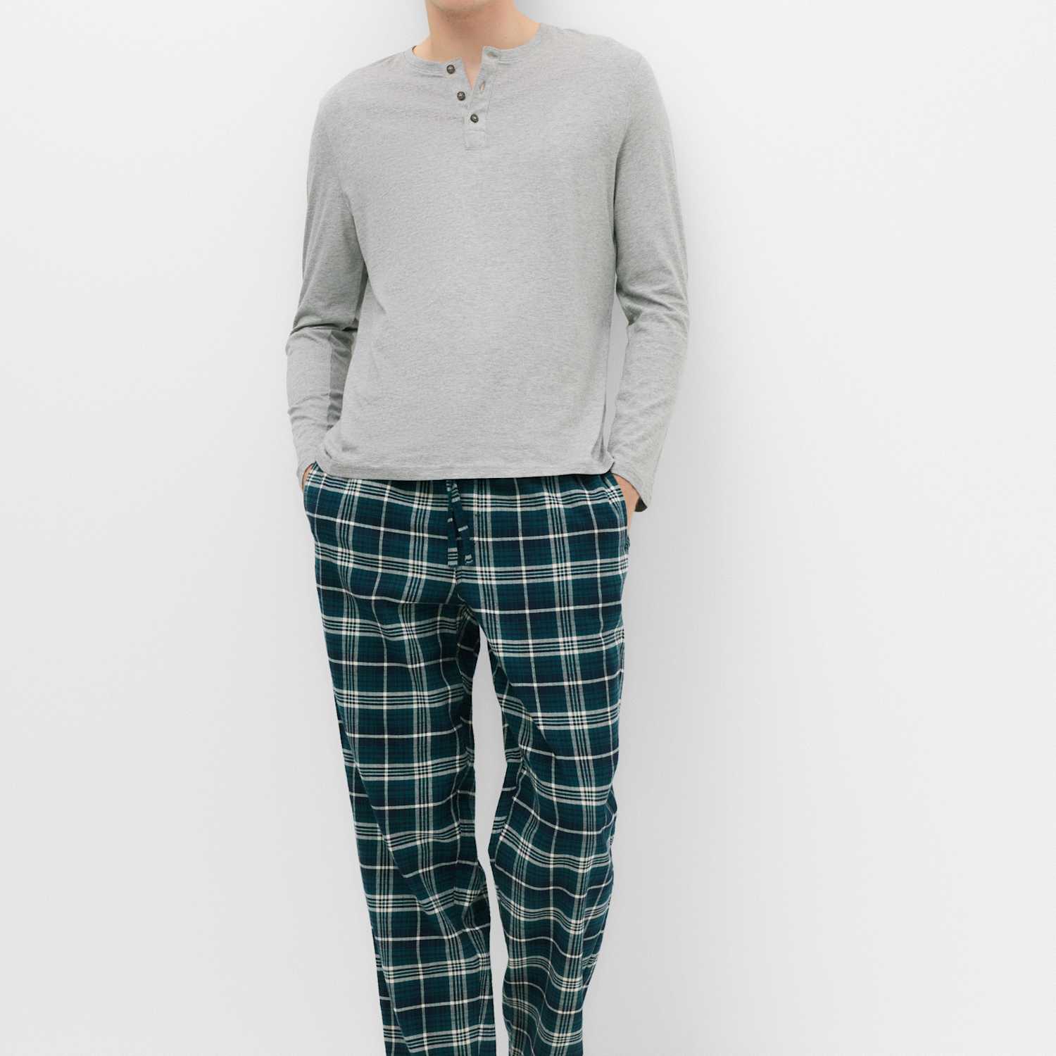 M&S Men's Pure Cotton Henley Check Pyjama Set - 2XL - Grey Mix