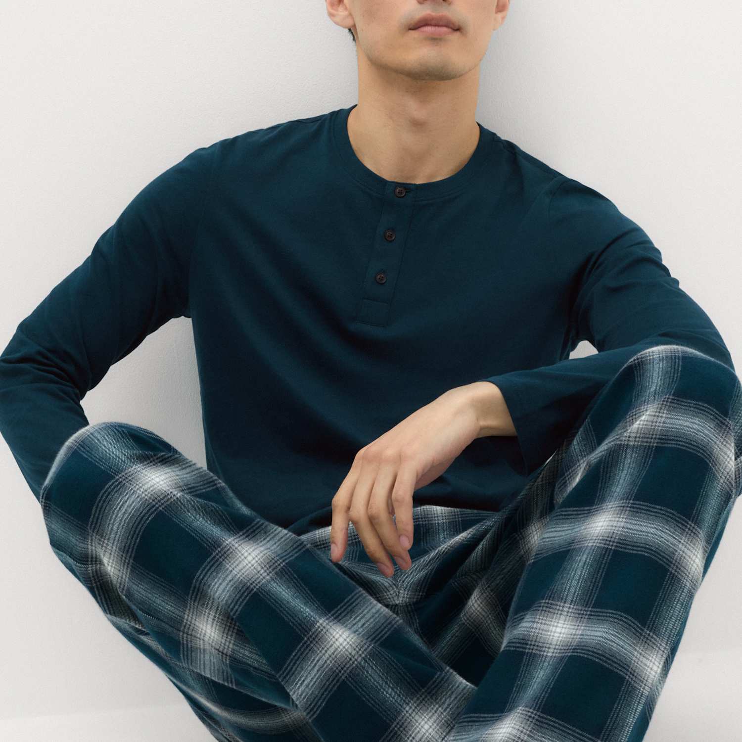 M&S Men's Pure Cotton Brushed Henley Checked Pyjama Set - M - Green Mix