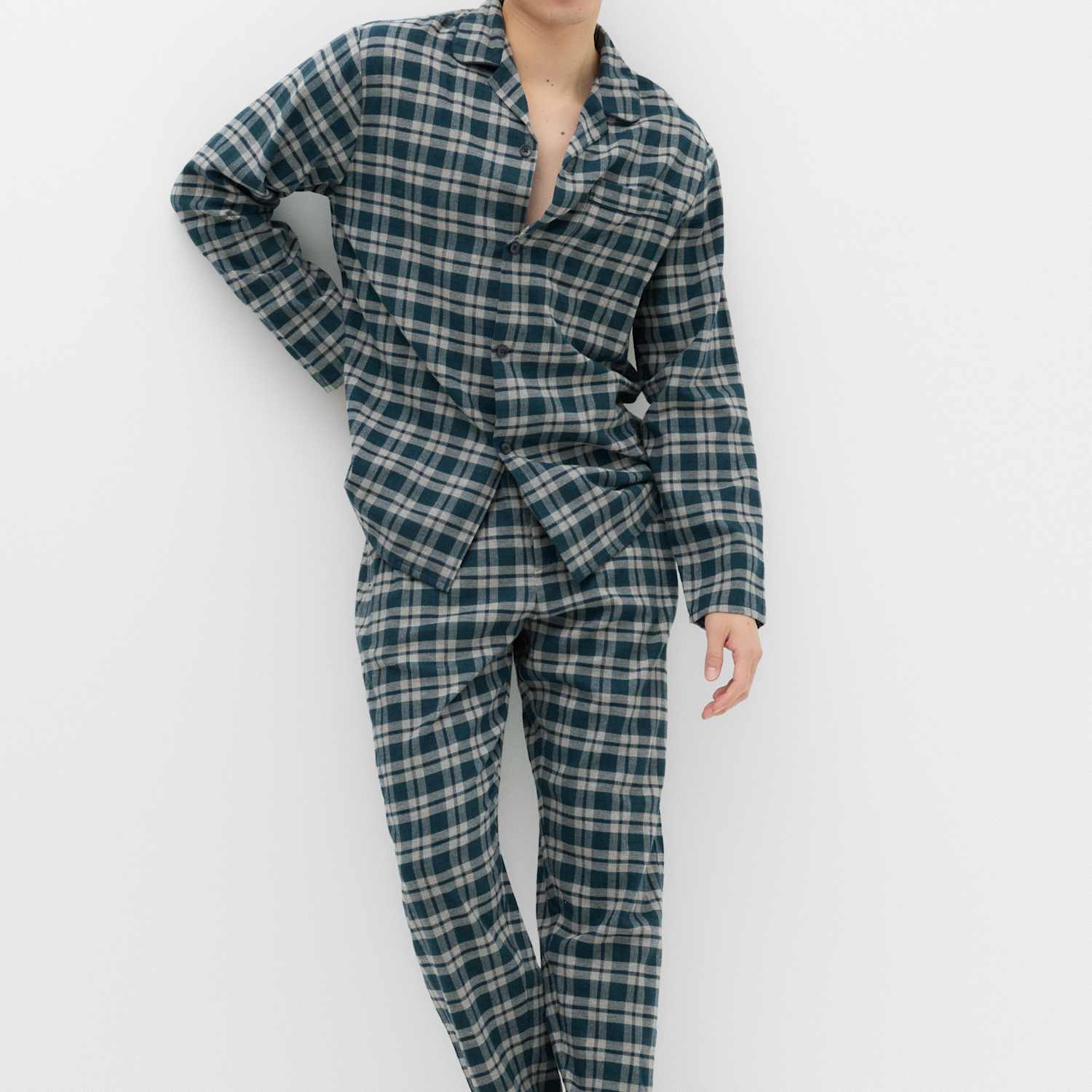 M&S Men's Pure Cotton Brushed Check Pyjama Set - XL - Green Mix