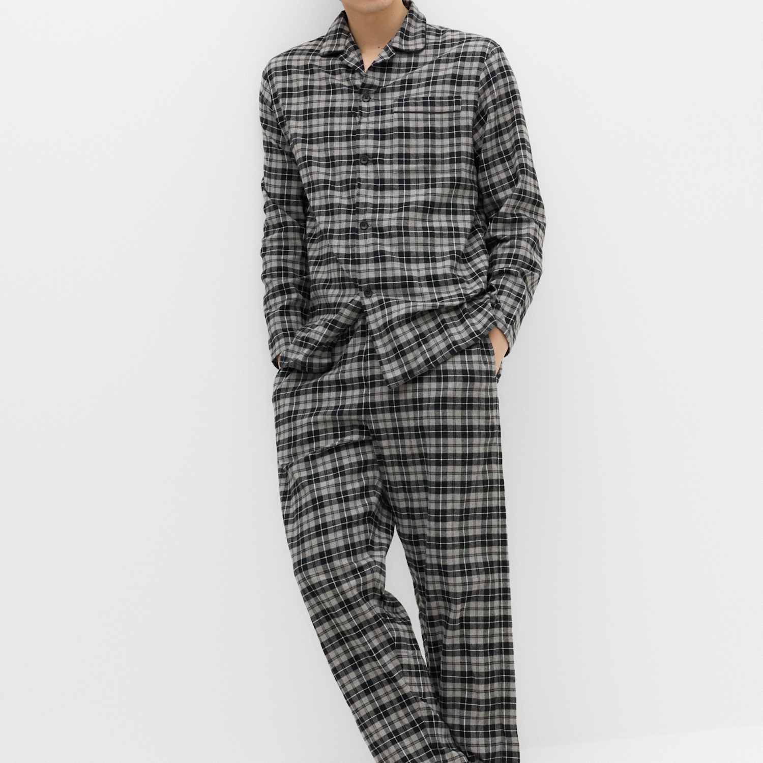 M&S Men's Pure Cotton Brushed Check Pyjama Set - L - Black Mix