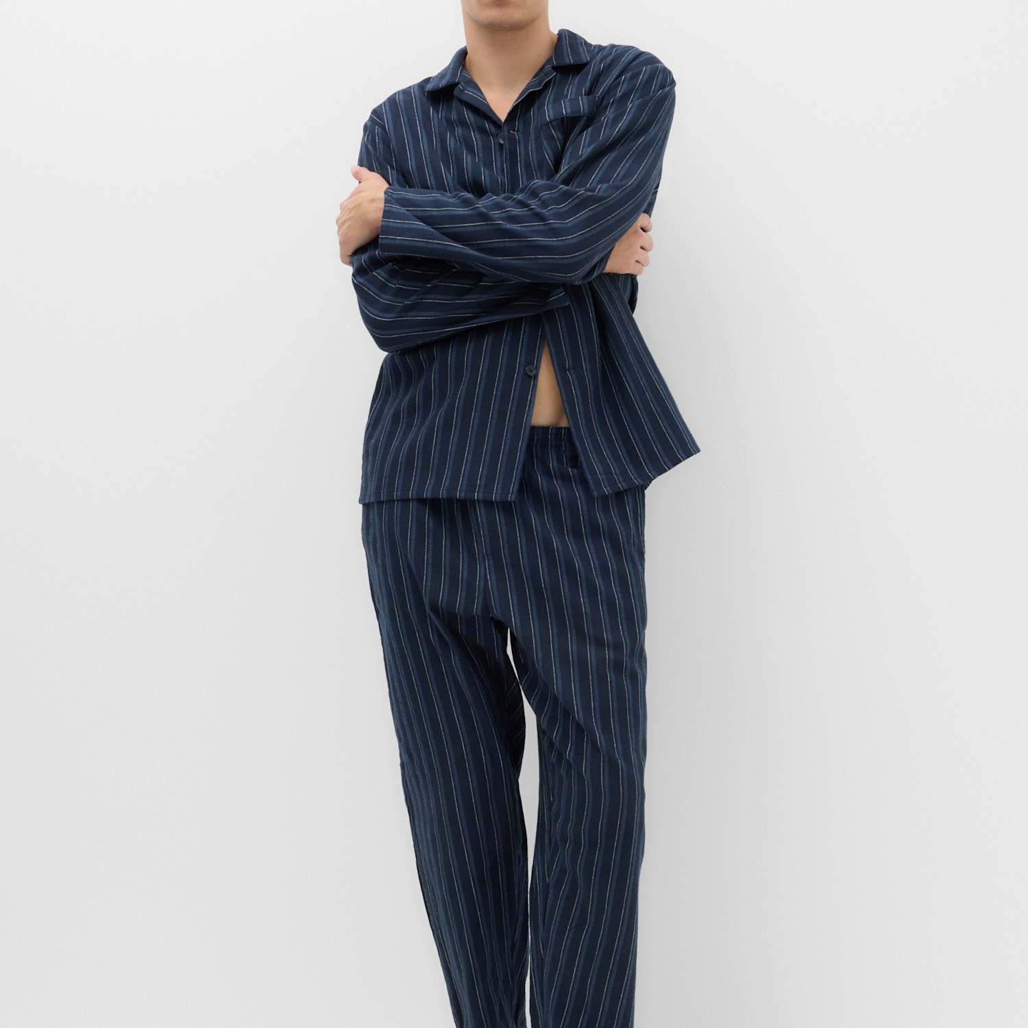 M&S Men's Pure Cotton Brushed Stripe Pyjama Set - S - Navy Mix