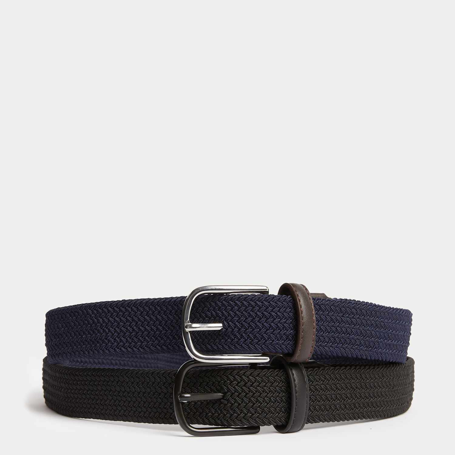 M&S Men's 2 Pack Stretch Woven Active Waist Belts - 34-36 - Black Mix