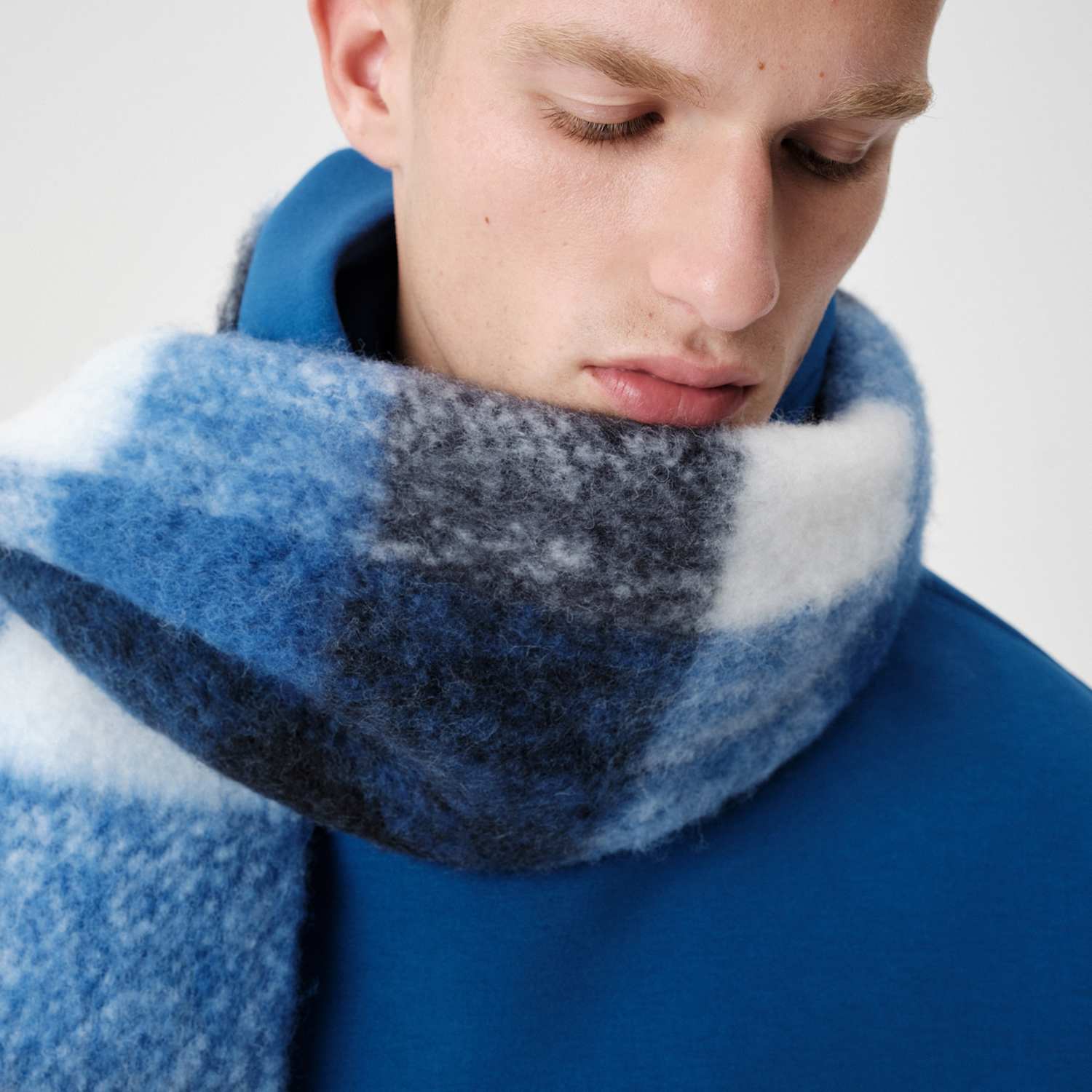 M&S Men's Wool Blend Checked Chunky Scarf - Blue Mix