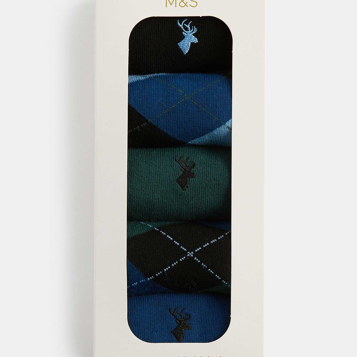 M&S Men's 5 Pack Cool & Fresh Stag Argyle Cotton Rich Socks - 6-8 ½ - Blue Mix