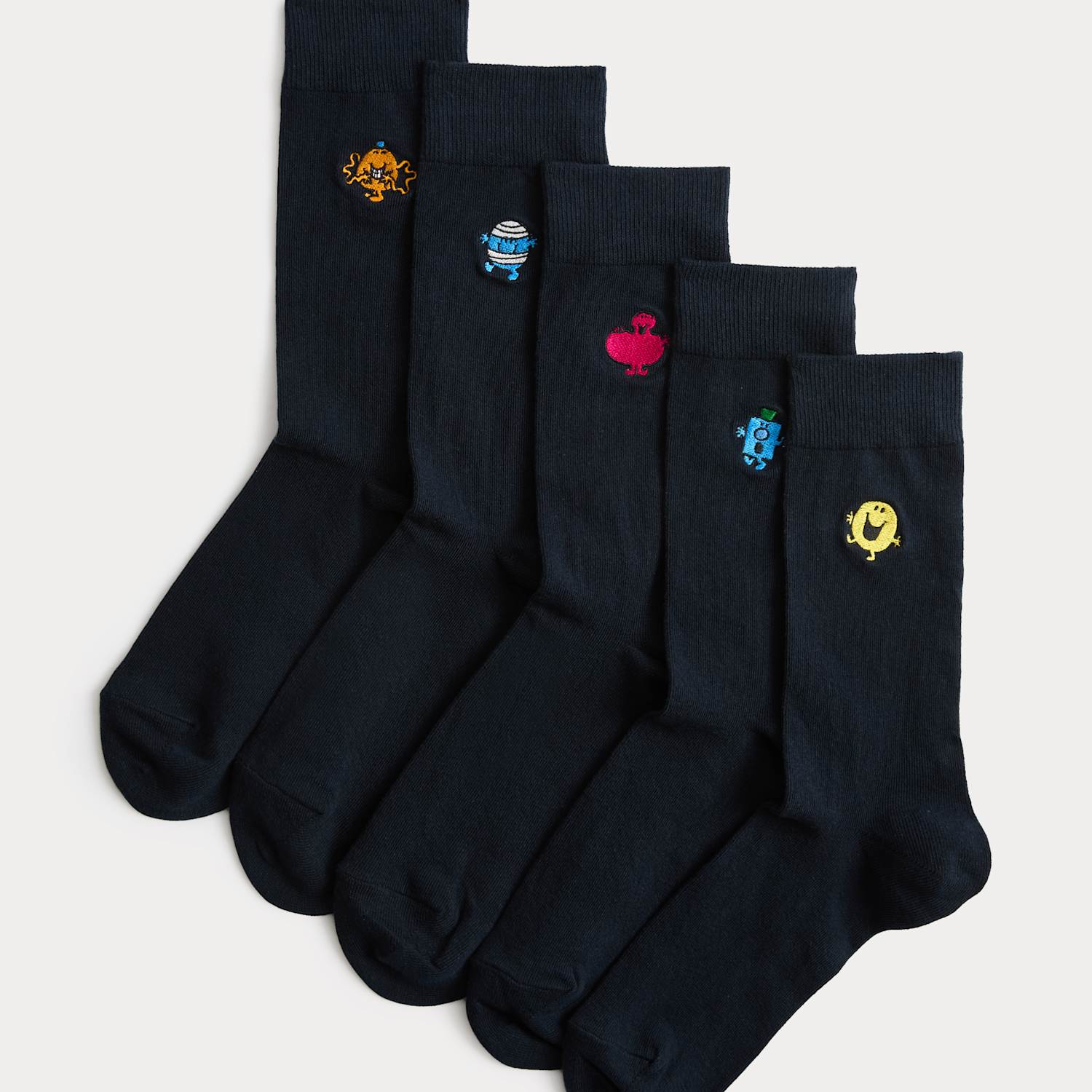 M&S Men's 5 Pack Mr Embroidered Cotton Rich Socks - 9-12 - Navy Mix