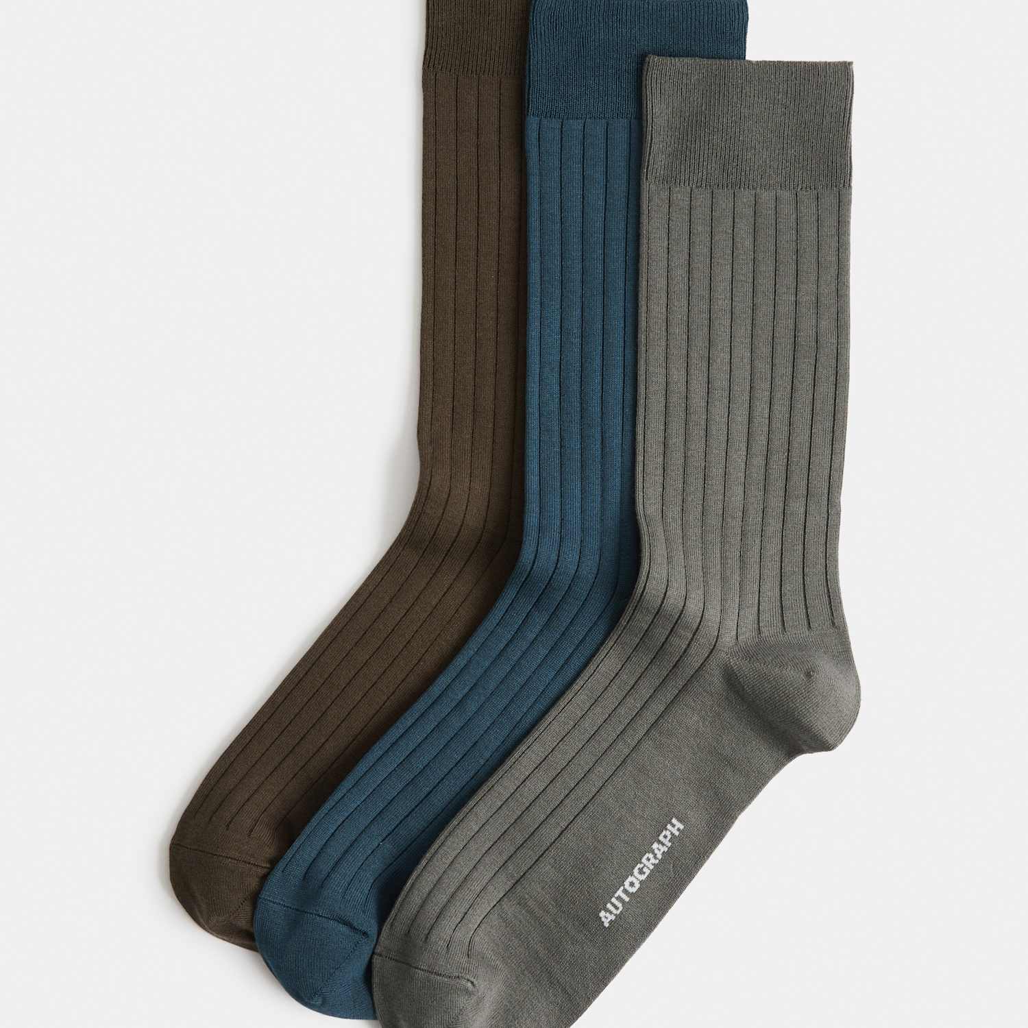 Autograph Men's 3 Pack Egyptian Cotton Rich Ribbed Socks - 9-12 - Green Mix
