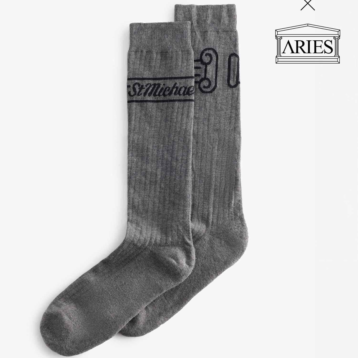 M&S X Aries Men's Logo Pima Cotton Rich Ribbed Long Socks - Grey Marl