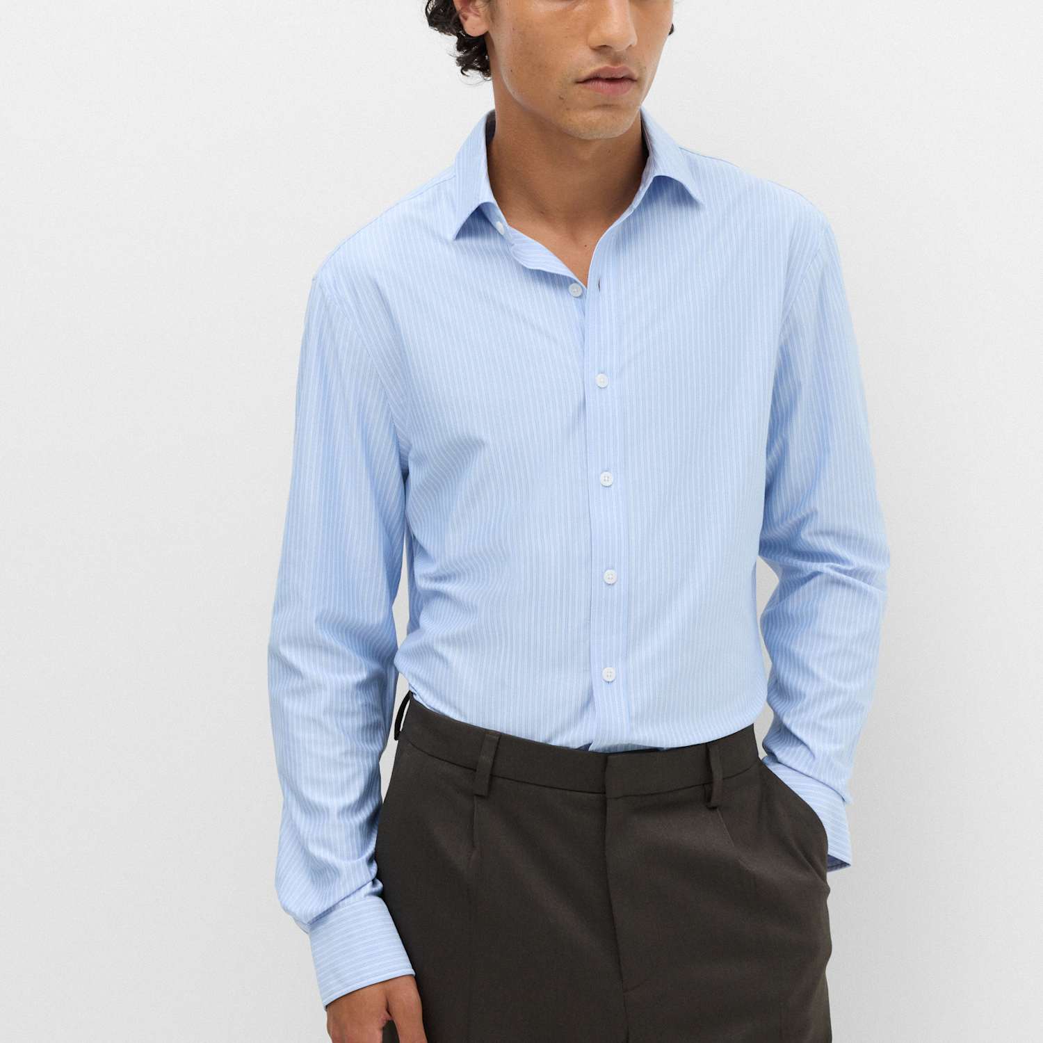 M&S Men's Ultimate Regular Fit Jersey Striped Shirt - XL - Blue Mix