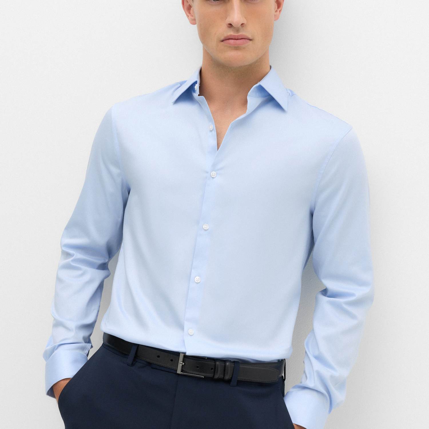 M&S Men's Regular Fit 2 Inch Shorter Ultimate Non Iron Twill Shirt - 16½ - Blue