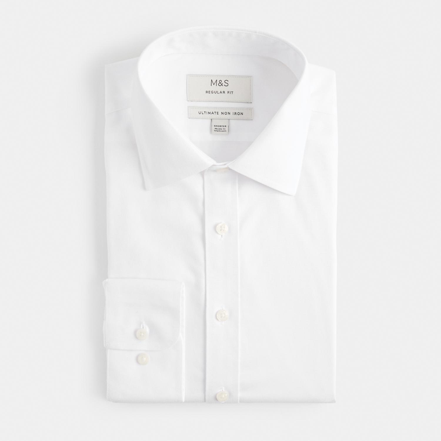 M&S Men's Regular Fit 2 Inch Shorter Ultimate Non Iron Twill Shirt - 18 - White