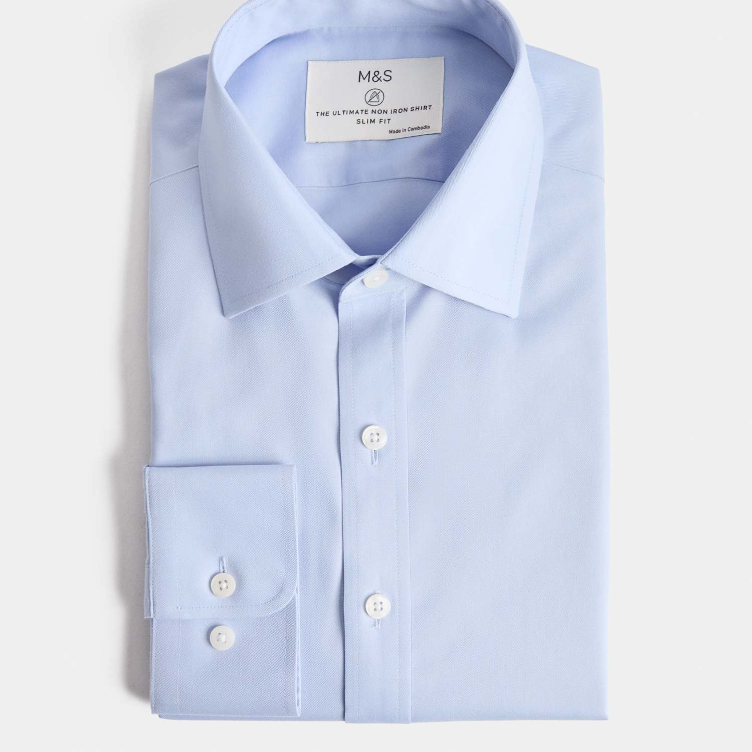 M&S Men's Slim Fit 2 Inch Shorter Ultimate Non Iron Cotton Shirt - 18½ - Blue