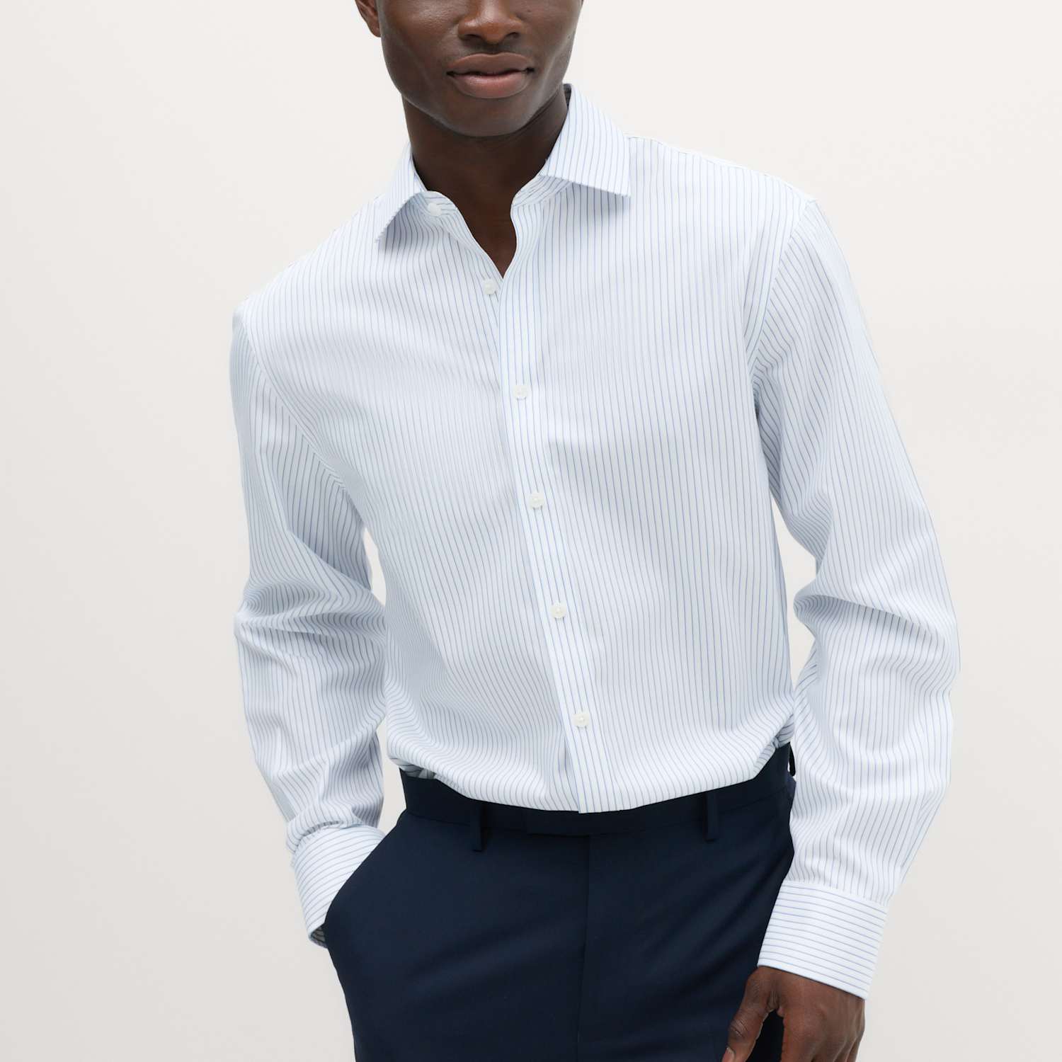 M&S Men's Regular Fit UItimate Non Iron Pure Cotton Striped Shirt - 16½ - Blue Mix