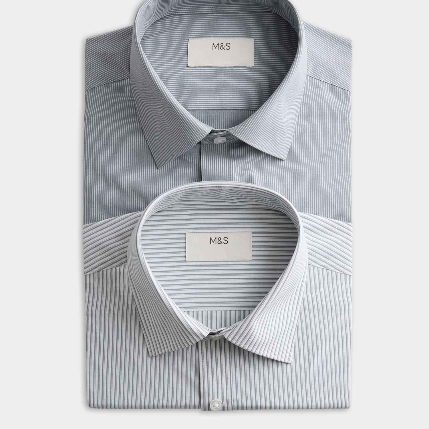 M&S Men's 2 Pack Regular Fit Easy Iron Striped Shirts - 14½ - Green Mix