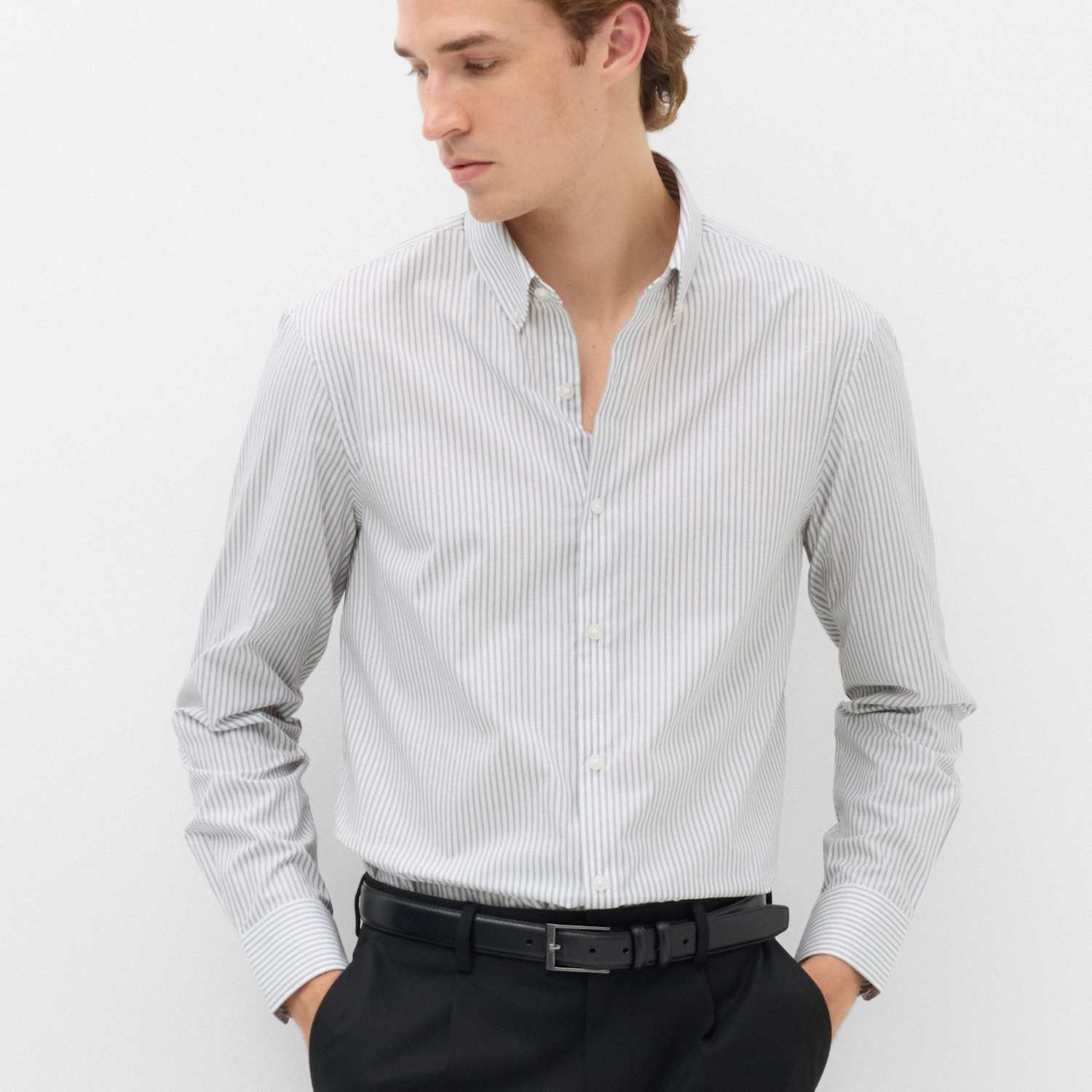M&S Men's Regular Fit Pure Cotton Striped Shirt - 3XL - Grey Mix