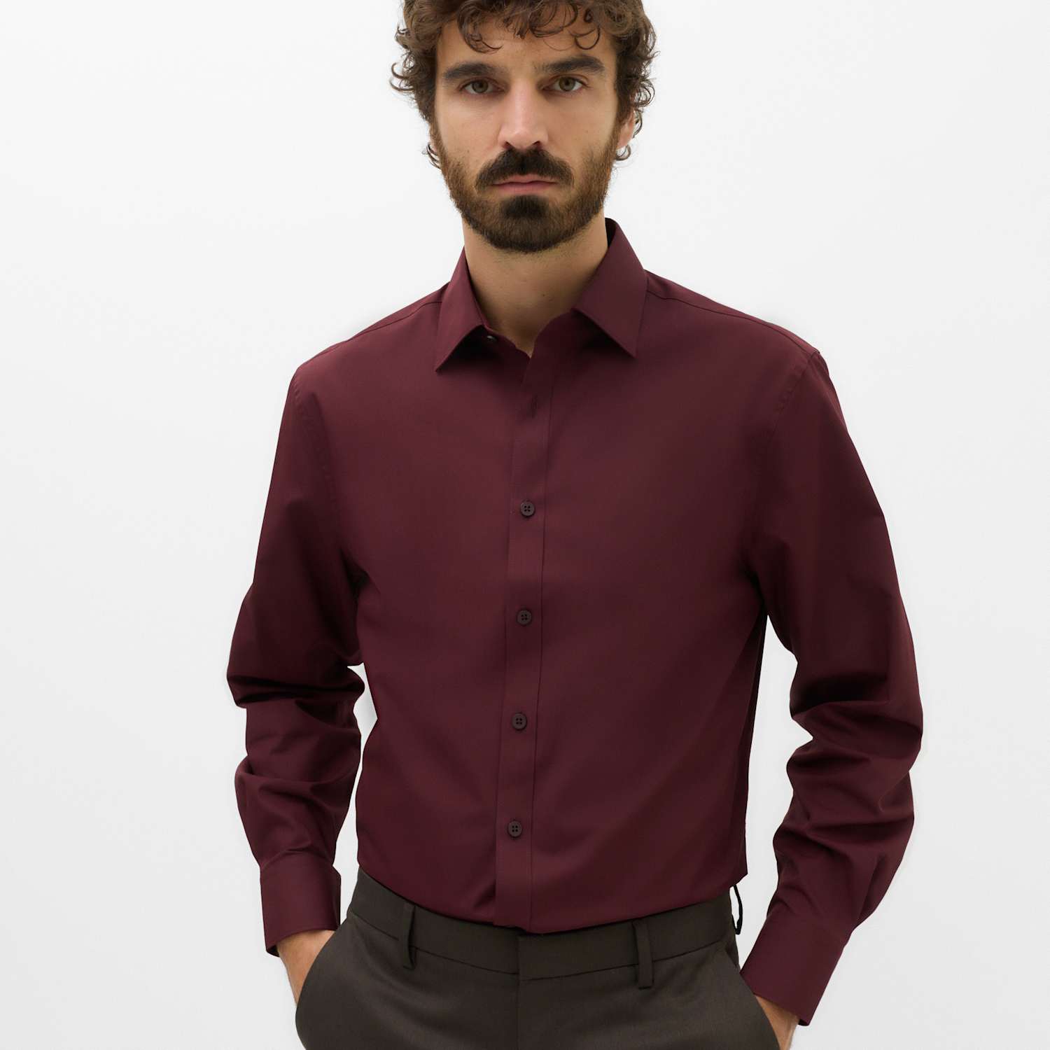 M&S Men's Regular Fit Easy Iron Cotton Blend Shirt - 18½ - Burgundy