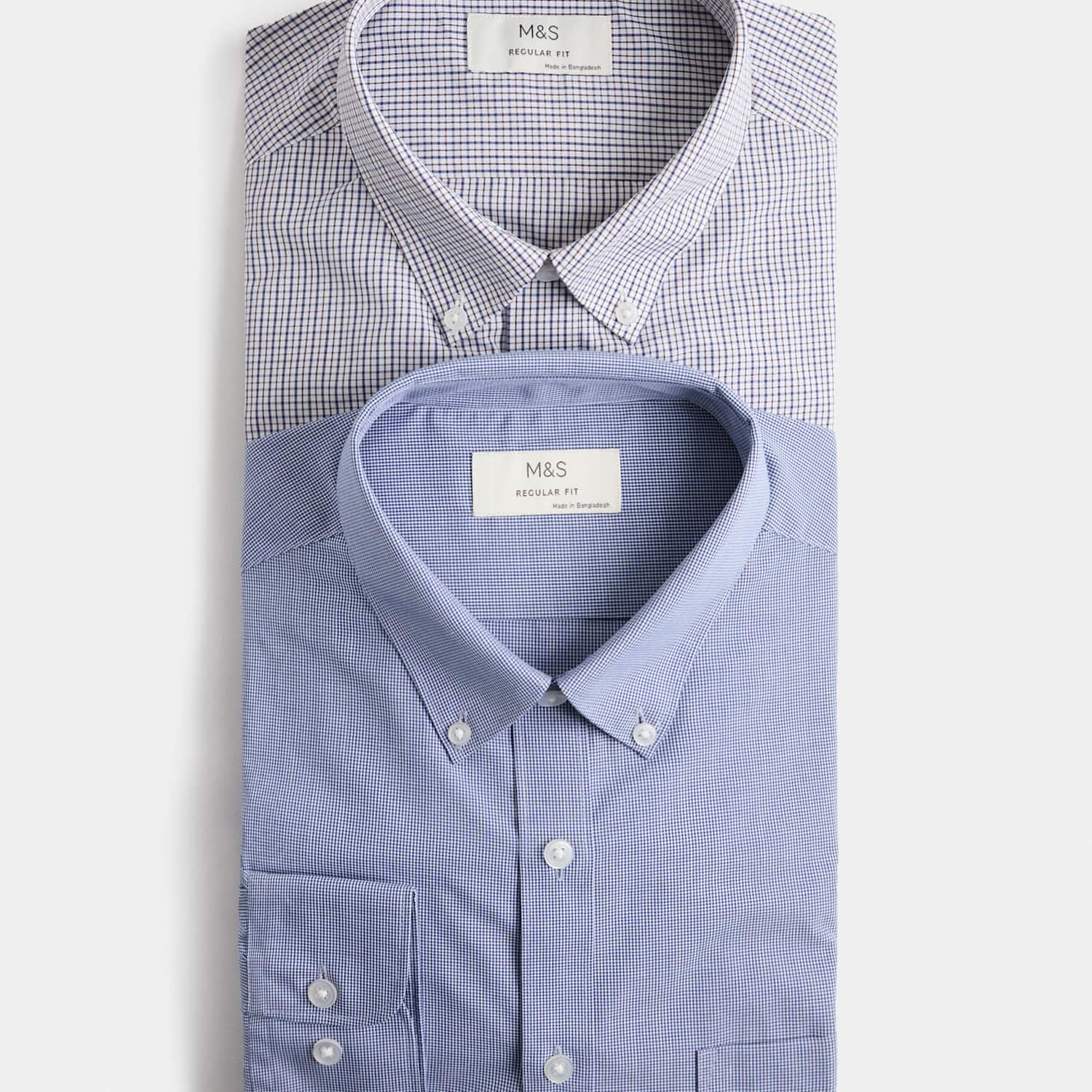 M&S Men's 2 Pack Regular Fit Easy Iron Check Shirts - 19 - Red Mix