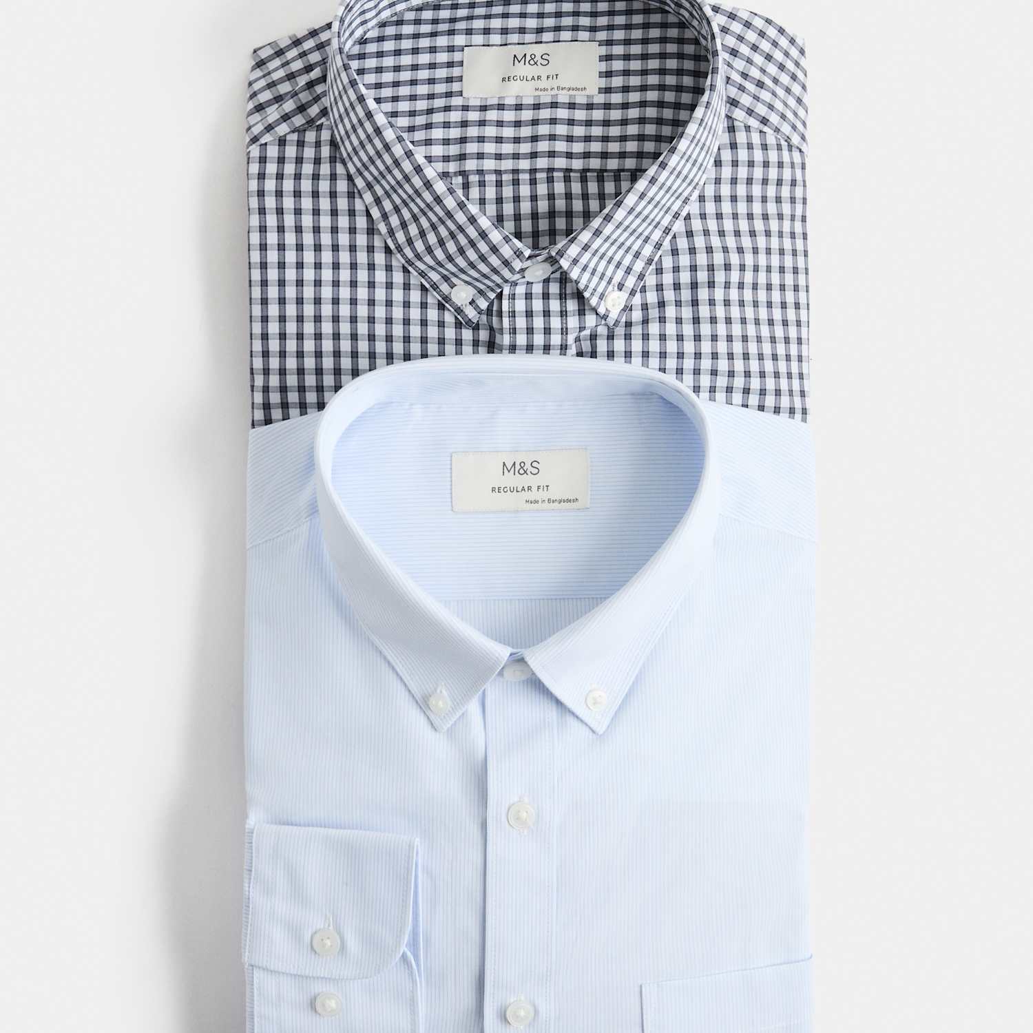 M&S Men's 2 Pack Regular Fit Easy Iron Check Shirts - 16½ - Navy Mix