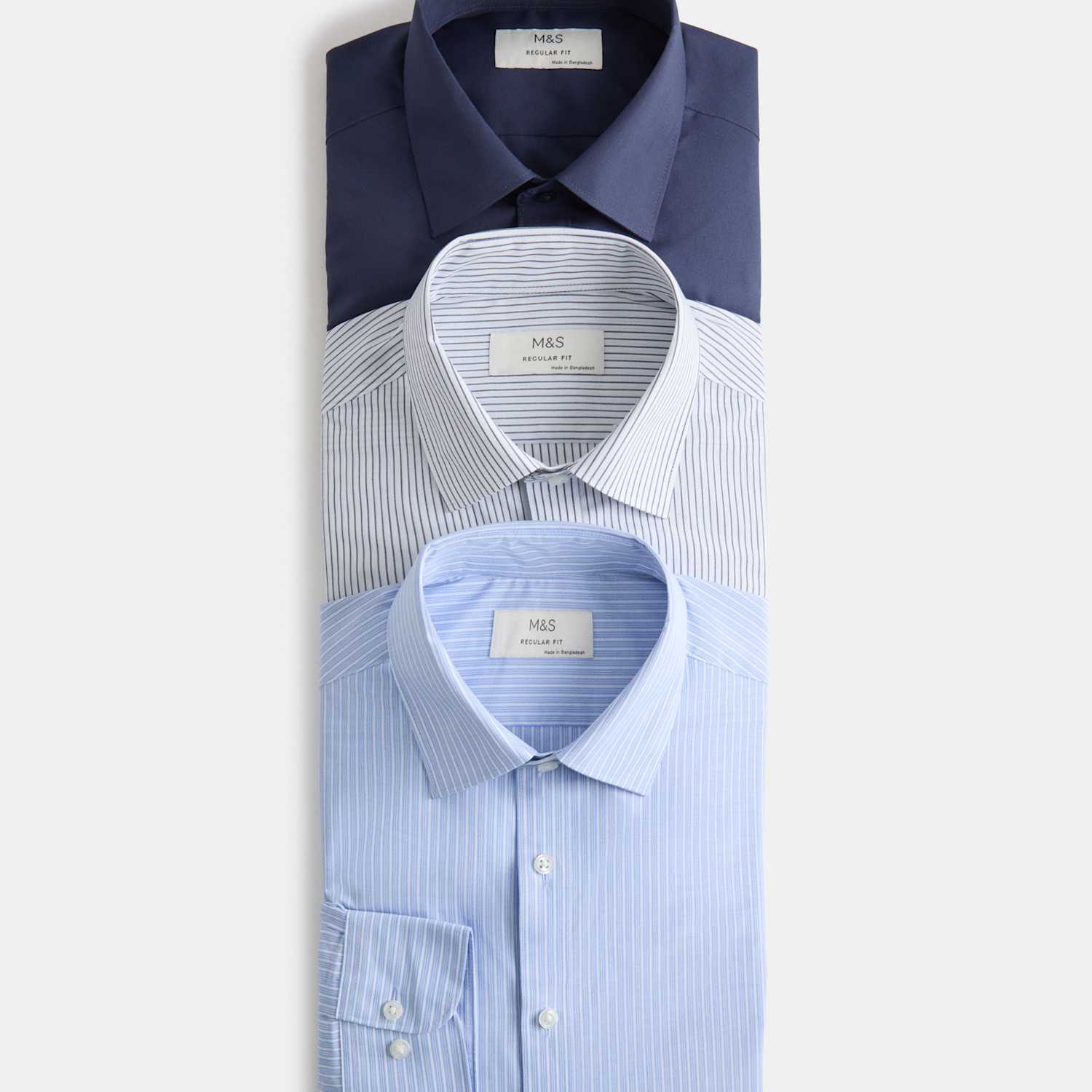 M&S Men's 3 Pack Regular Fit Long Sleeve Shirts - 16½ - Blue Mix