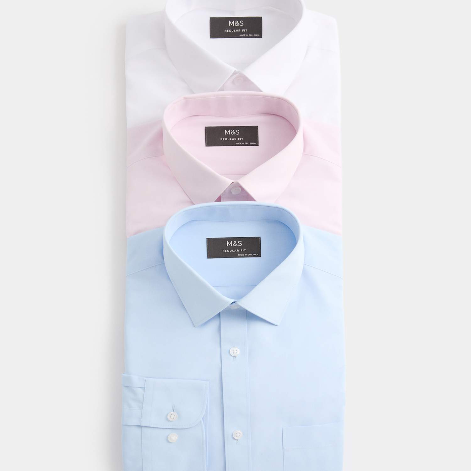 M&S Men's 3 Pack Regular Fit Easy Iron Long Sleeve Shirts - 17½ - Blue Mix