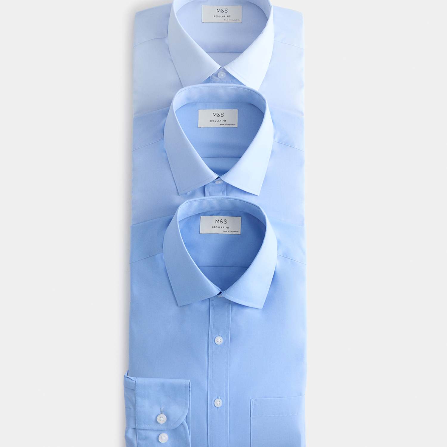 M&S Men's 3 Pack Regular Fit Easy Iron Long Sleeve Shirts - 21 - Blue Mix