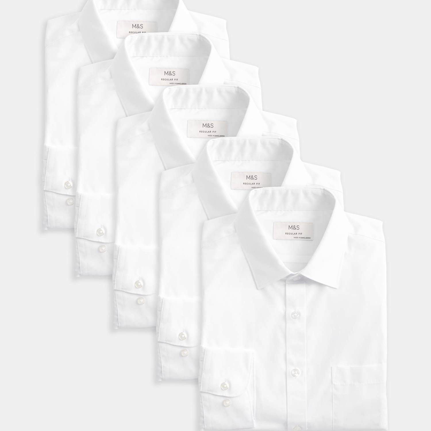 M&S Men's 5 Pack Regular Fit Easy Iron Long Sleeve Shirts - 16 - White Mix