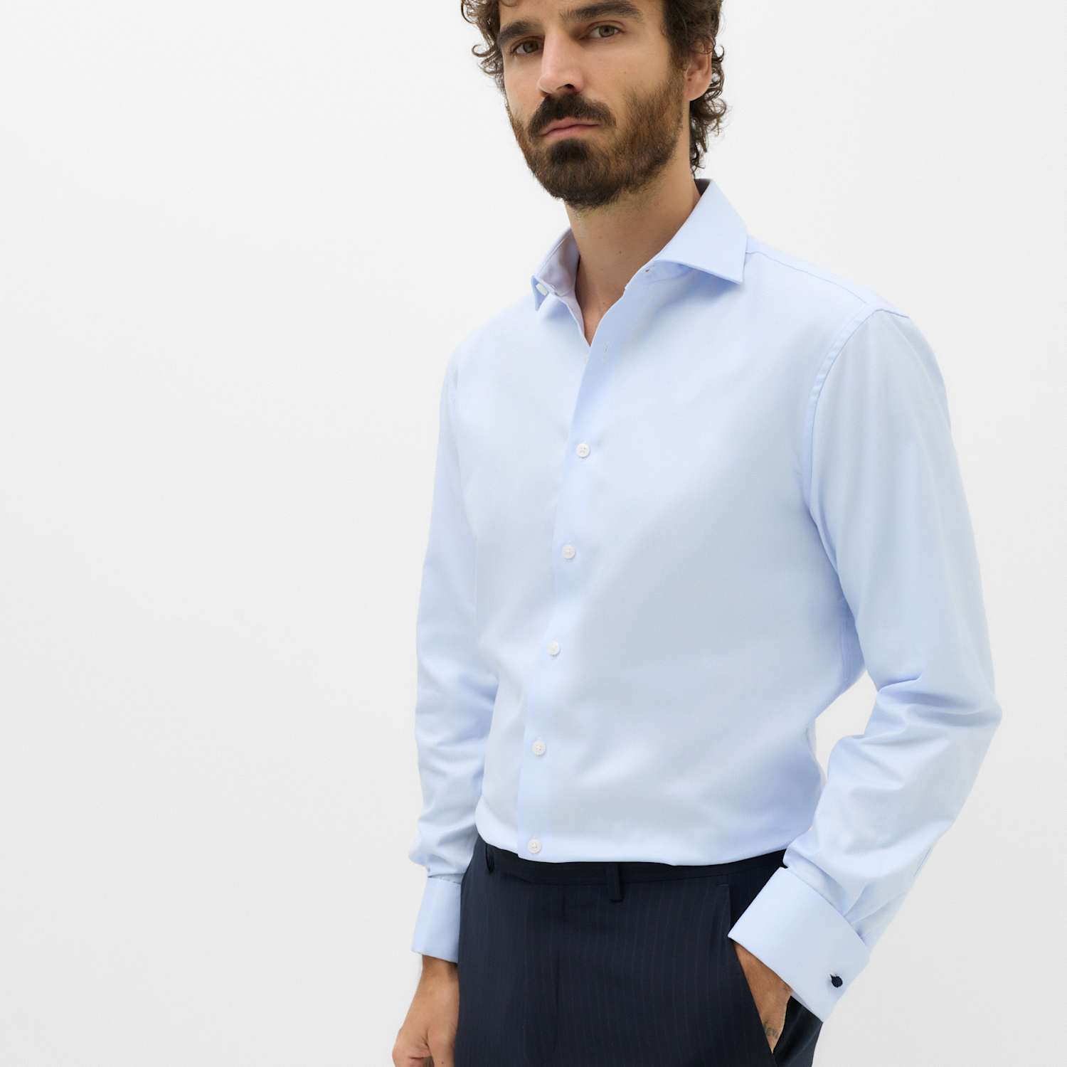 M&S Sartorial Men's Regular Fit Luxury Cotton Double Cuff Twill Shirt - 16 - Blue