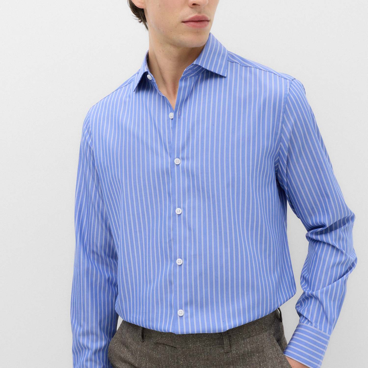 M&S Men's Regular Fit Pure Cotton Striped Shirt - M - Blue Mix