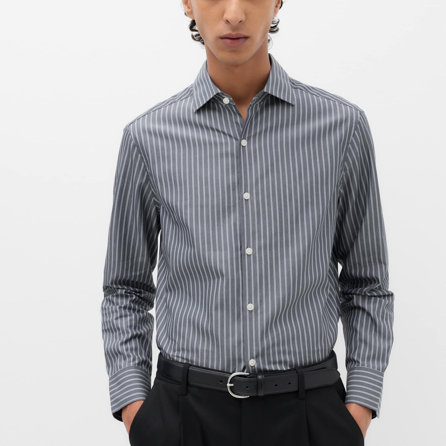 M&S Men's Regular Fit Pure Cotton Striped Shirt - L - Grey Mix