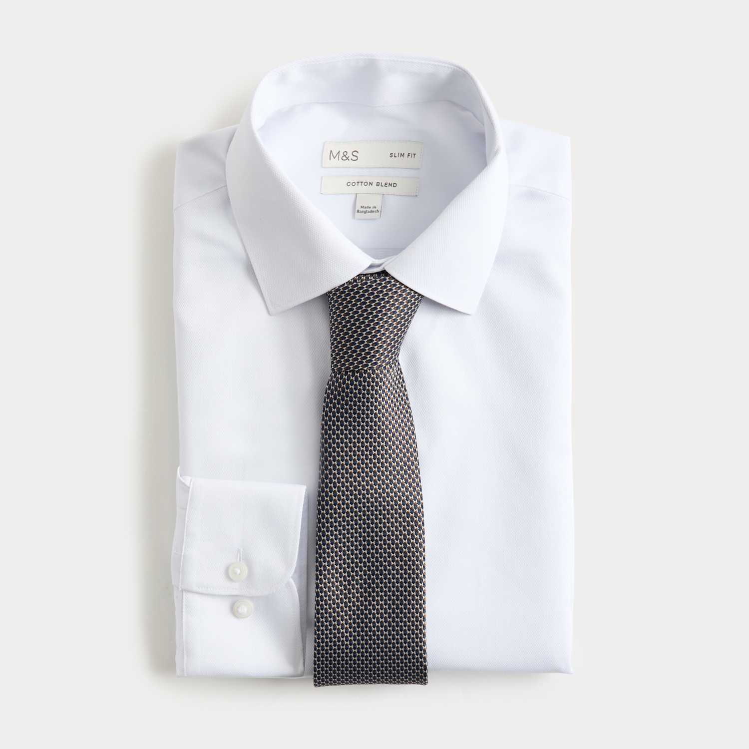 M&S Men's 2 piece Slim Fit Easy Iron Shirt & Tie Set - 18½ - Navy Mix