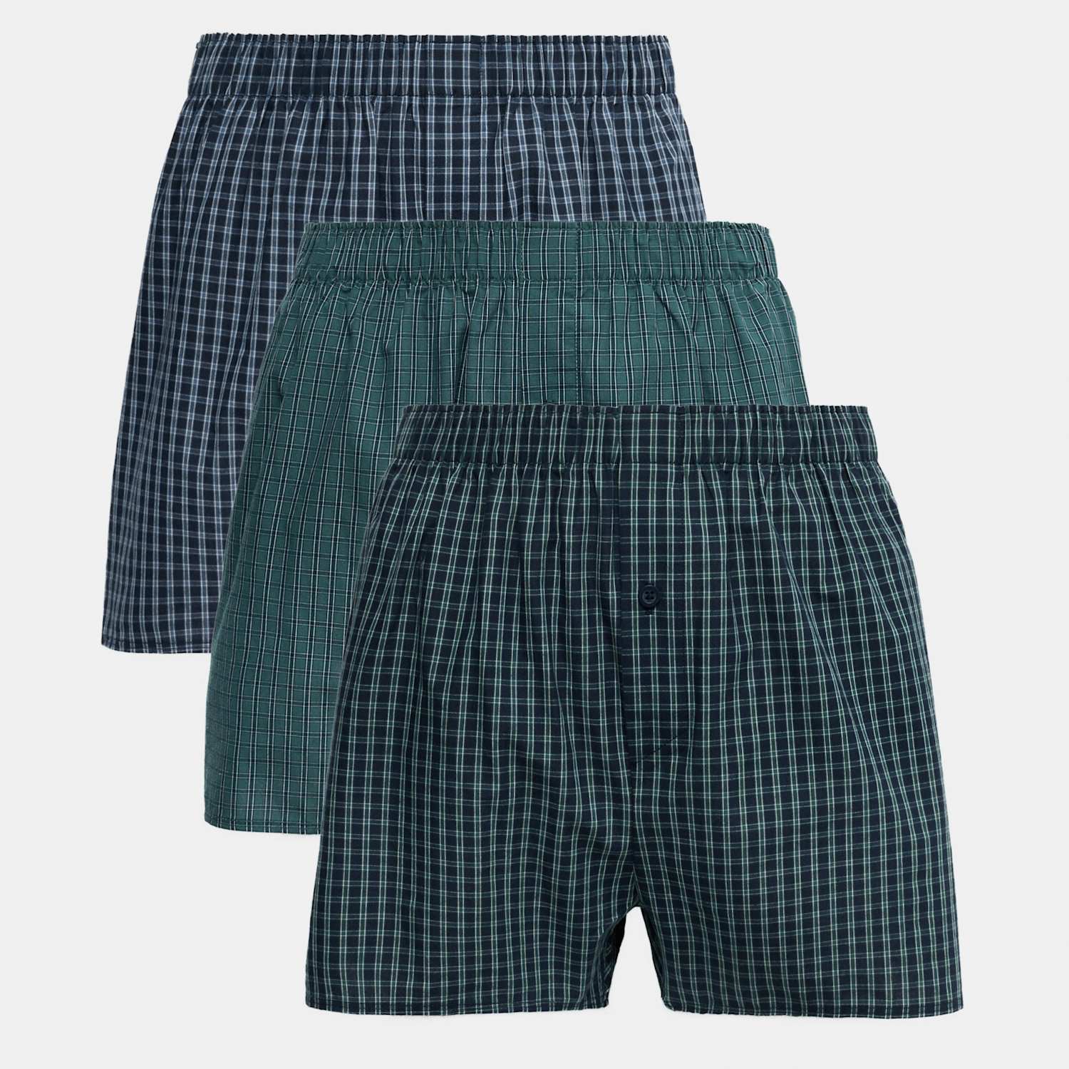 M&S Men's 3 Pack Pure Cotton Checked Woven Boxers - 2XL - Teal Mix