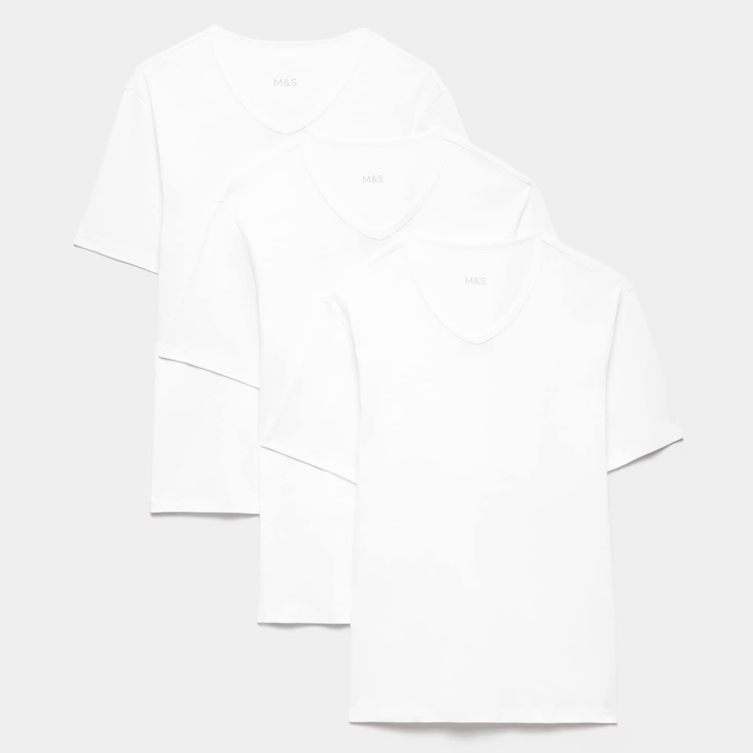 M&S Men's 3 Pack Essential Cotton V-Neck T-Shirt Vests - XL - White