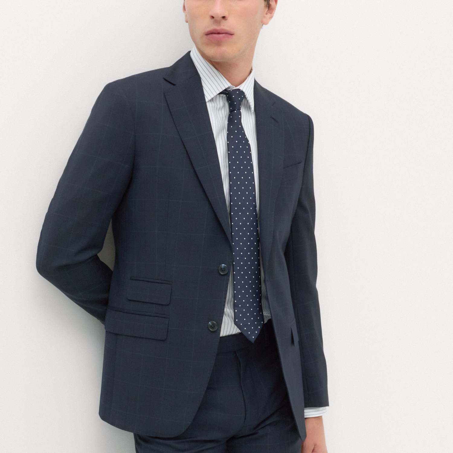 M&S Sartorial Men's Regular Fit Pure Wool Checked Suit Jacket - 42 - Navy