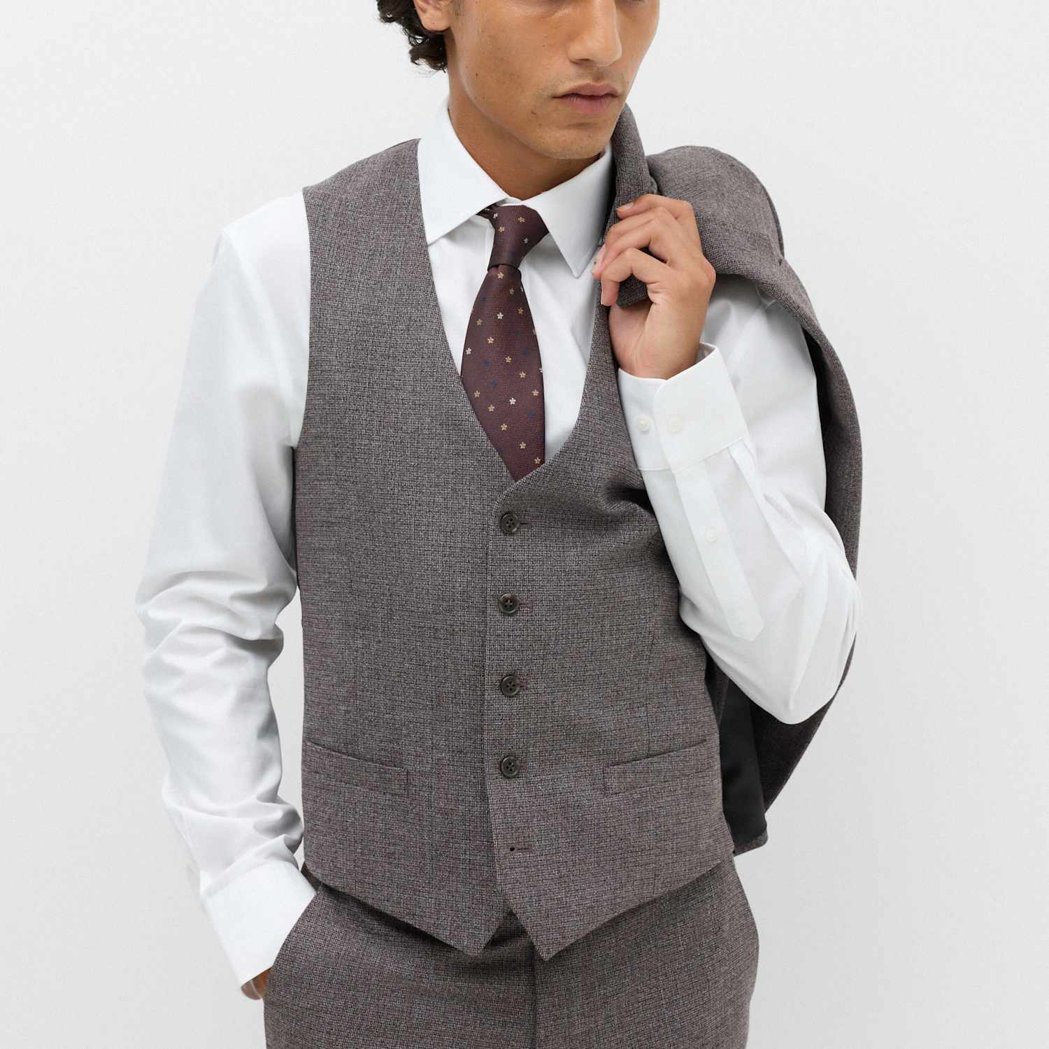 M&S Men's Micro Check Suit Waistcoat - 38 - Bordeaux