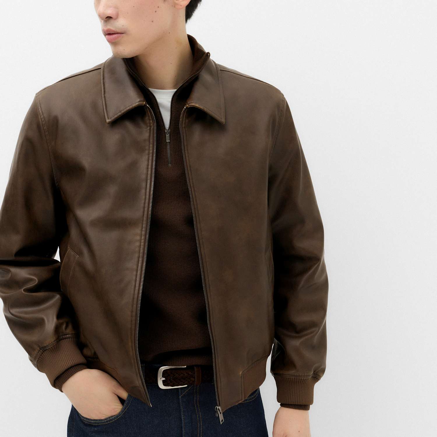 M&S Men's Faux Leather Harrington Jacket - L - Brown Mix
