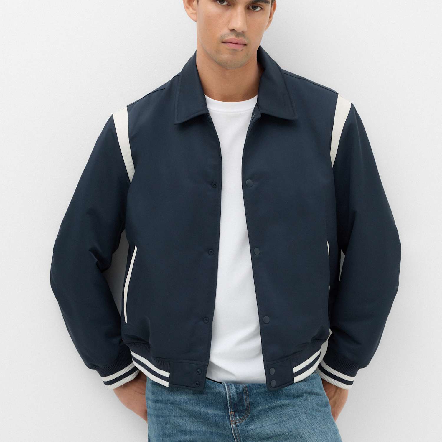 M&S Men's Satin Padded Varsity Bomber Jacket - M - Navy