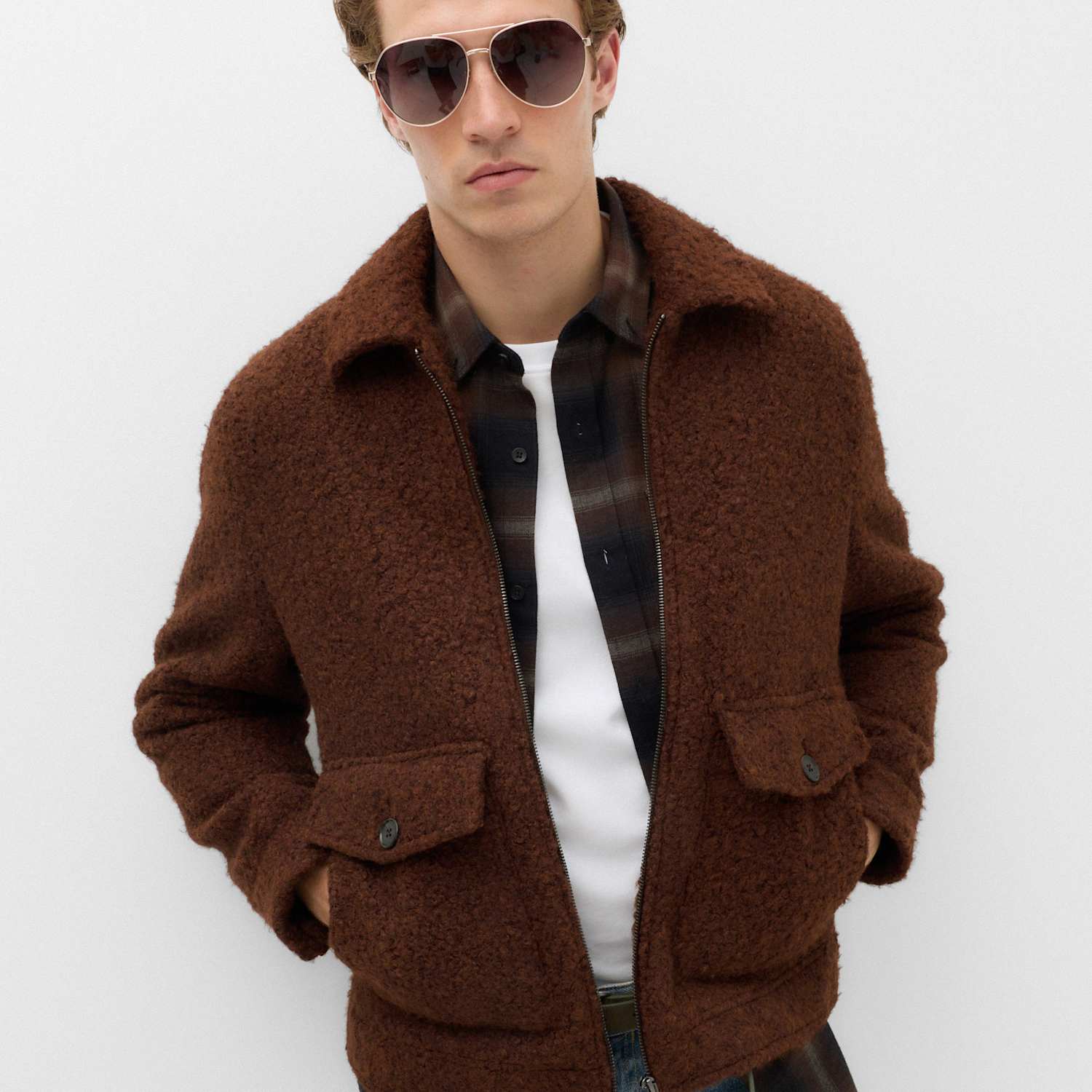 M&S Men's Bouclé Zip Through Jacket - M - Brown Mix